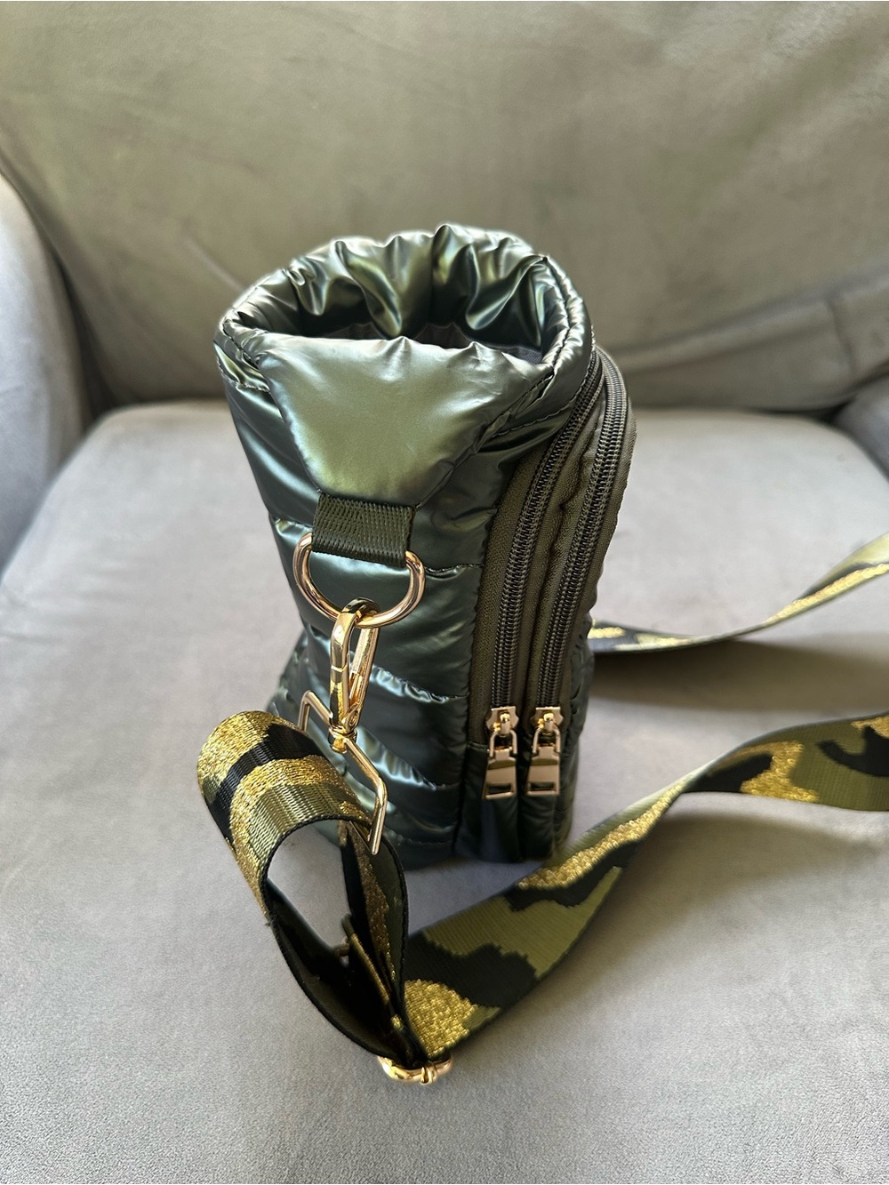 Quilted Olive Green Crossbody Bag with Camouflage Accent Strap - Picture 2 of 4